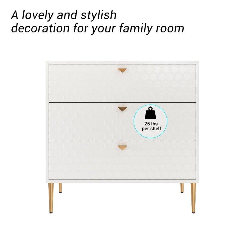 Beyaz MDF Petek Desenli Gold Kulp ve Ayaklı 3 Çekmeceli Şifonyer - 305803