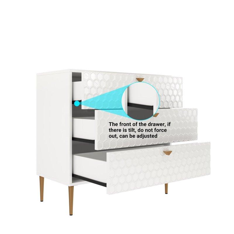 Beyaz MDF Petek Desenli Gold Kulp ve Ayaklı 3 Çekmeceli Şifonyer - 305803