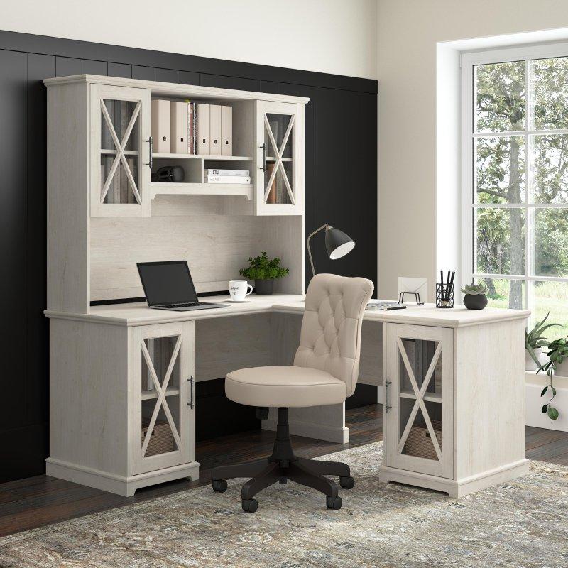 Beyaz MDF Raflı Cam Kapaklı L Tipi Ofis Masası - 167x151 cm - 327691
