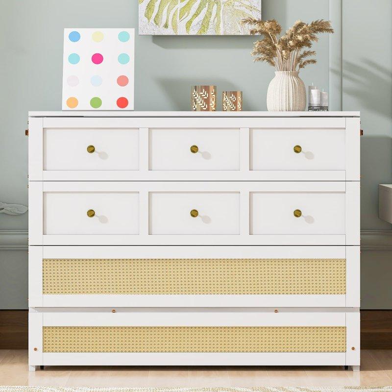 Beyaz MDF Rattan Desenli Çekmeceli Duvar Yatağı - 136 cm - 266040