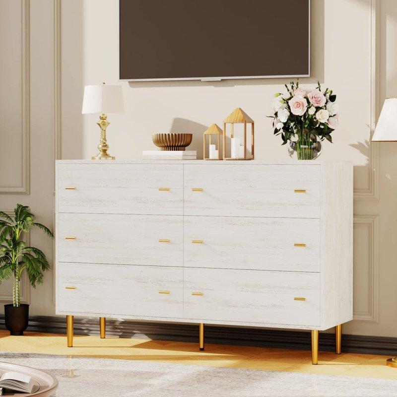 Beyaz MDF Rustik Tasarım 6 Çekmeceli Çubuk Kulplu Şifonyer - 120 cm - 310360