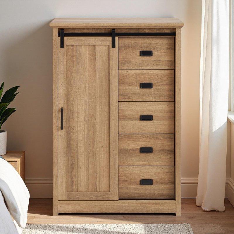 Beyaz MDF Sürgülü Ahır Kapaklı 5 Çekmeceli Şifonyer - 80x40x122 cm - 296610