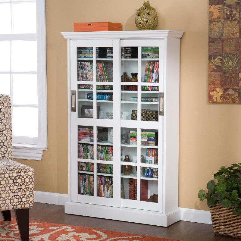 Beyaz MDF Sürgülü Cam Kapaklı Kitaplık - 81x24x124 cm - 239299