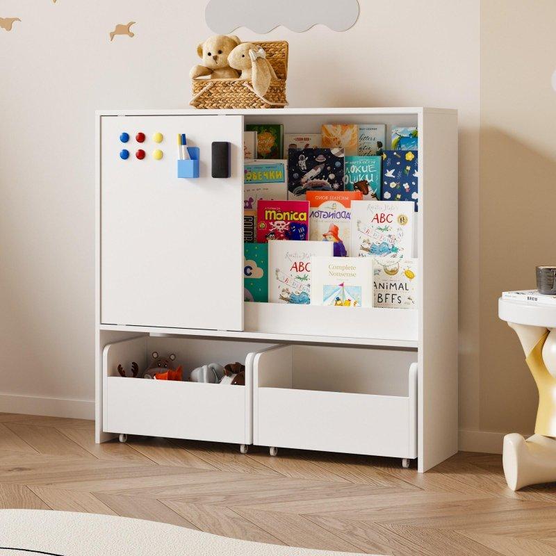 Beyaz MDF Sürgülü Kapaklı 2 Tekerlekli Oyuncak Kutulu Çocuk Kitaplığı - 101 cm - 313856