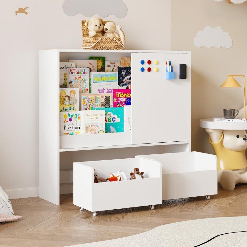 Beyaz MDF Sürgülü Kapaklı 2 Tekerlekli Oyuncak Kutulu Çocuk Kitaplığı - 101 cm - 313856