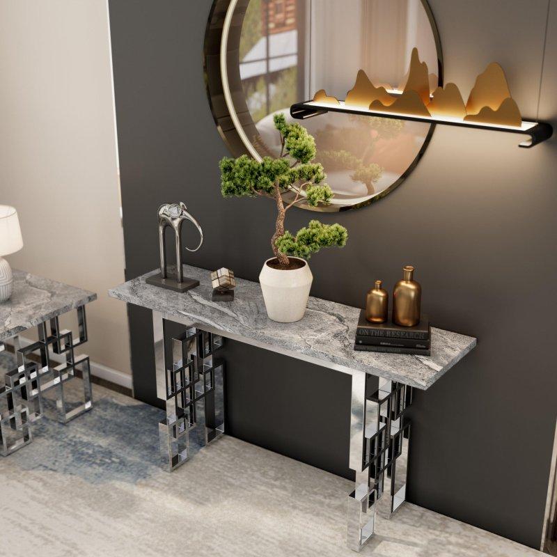 Beyaz MDF Tablalı Aynalı Paslanmaz Çelik Geometrik Dresuar - 140 cm - 332266