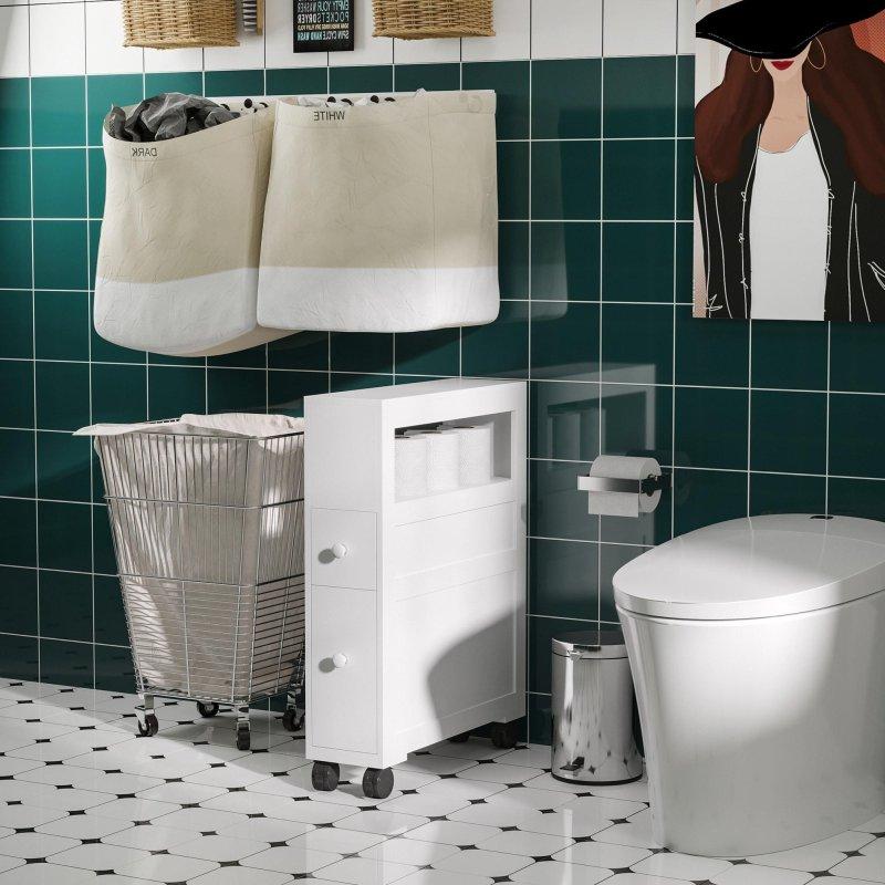 Beyaz MDF Tekerlekli 2 Çekmeceli Çok Amaçlı Banyo Dolabı - 17x53x72 cm - 333352