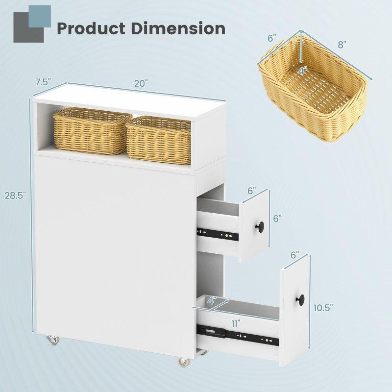 Beyaz MDF Tekerlekli Çekmeceli Rattan Sepetli Dar Çok Amaçlı Banyo Dolabı - 51x20x73 cm - 334021