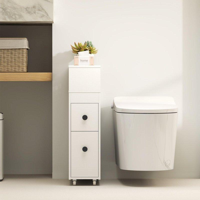 Beyaz MDF Tekerlekli Çekmeceli Rattan Sepetli Dar Çok Amaçlı Banyo Dolabı - 51x20x73 cm - 334021
