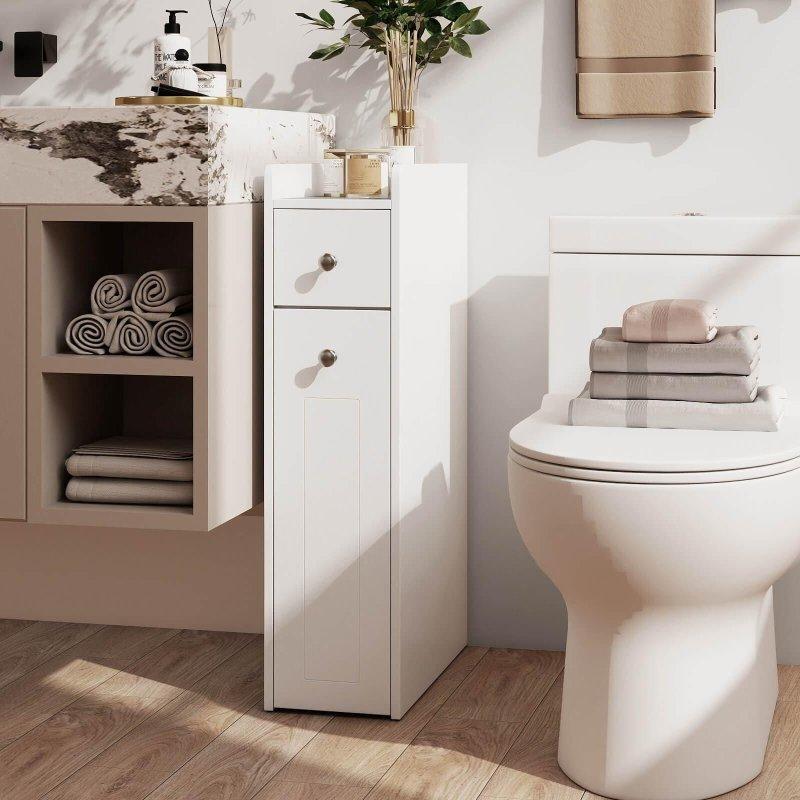 Beyaz MDF Tekerlekli Dar Çekmeceli Çok Amaçlı Banyo Dolabı - 18x70 cm - 334010