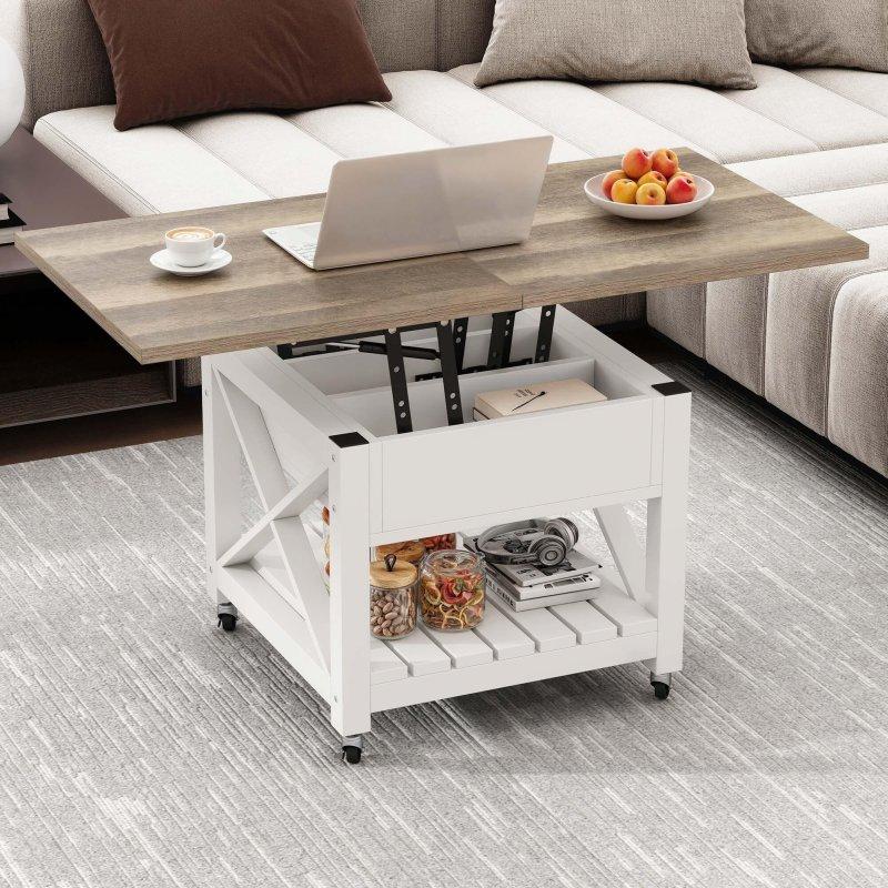 Beyaz MDF Tekerlekli ve Saklama Alanlı Yükseltilebilir Akıllı Sehpa - 57x57 cm - 253587