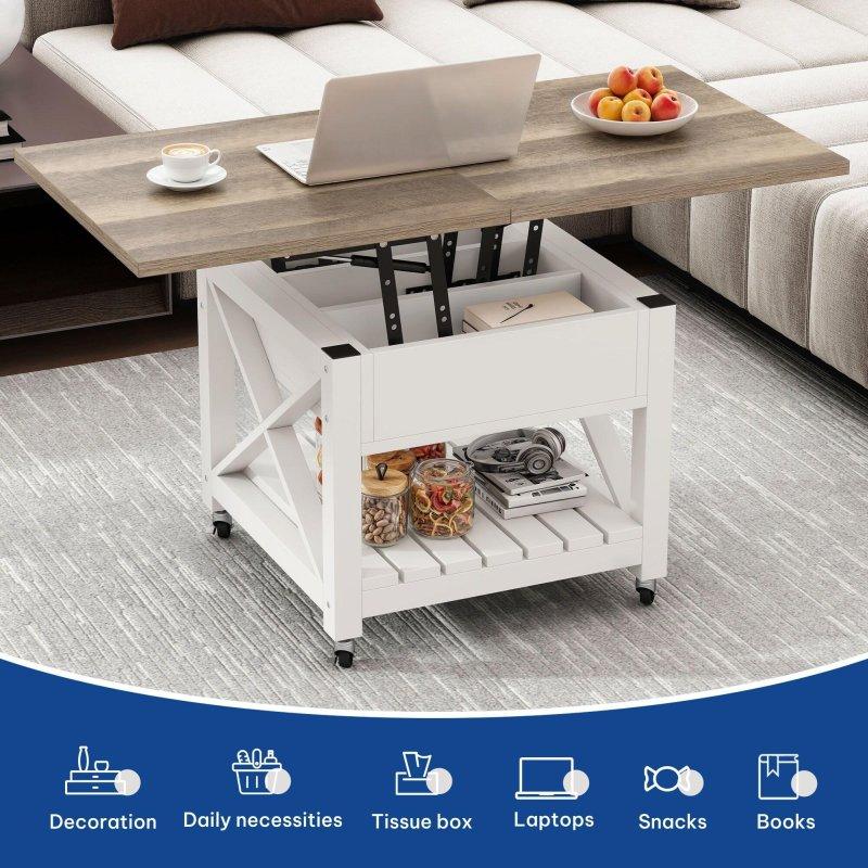 Beyaz MDF Tekerlekli ve Saklama Alanlı Yükseltilebilir Akıllı Sehpa - 57x57 cm - 253587