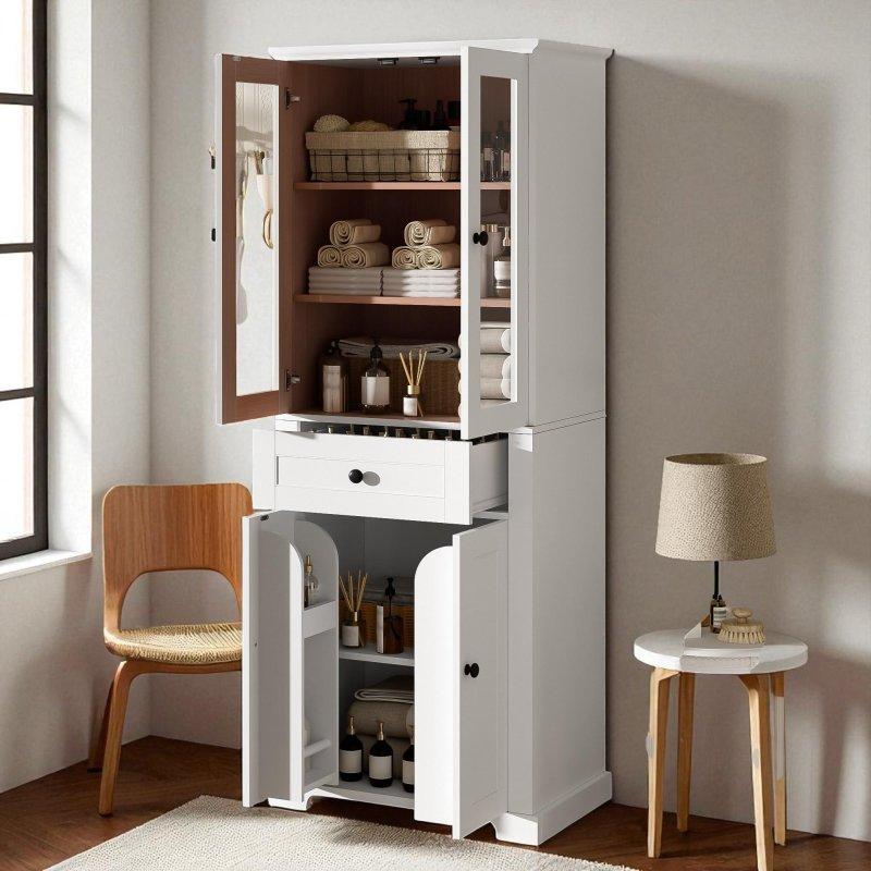 Beyaz MDF Temperli Cam Kapaklı Yavaş Kapanır Çok Amaçlı Banyo Dolabı - 61x40x172 cm - 333570