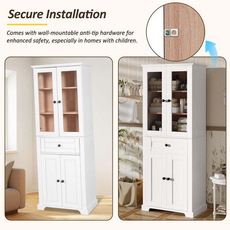 Beyaz MDF Temperli Cam Kapaklı Yavaş Kapanır Çok Amaçlı Banyo Dolabı - 61x40x172 cm - 333570