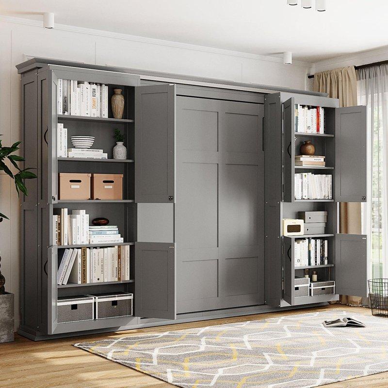 Beyaz MDF ve Ahşap Sürgülü Dolaplı Raflı Hidrolik Queen Boy Duvar Yatağı - 264594