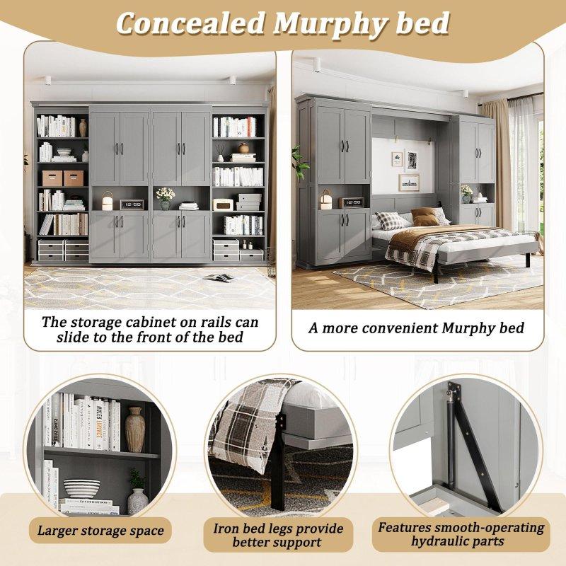 Beyaz MDF ve Ahşap Sürgülü Dolaplı Raflı Hidrolik Queen Boy Duvar Yatağı - 264594