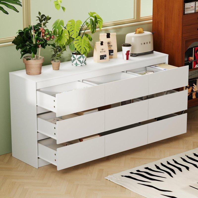 Beyaz MDF ve Çam Ağacı 9 Çekmeceli Yatay Şifonyer - 161 cm - 299047