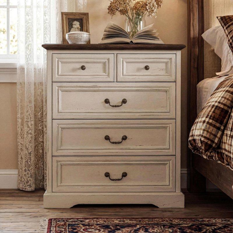 Beyaz MDF ve Çam Ağacı Eskitme Tasarım 5 Çekmeceli Şifonyer - 93 cm - 311156