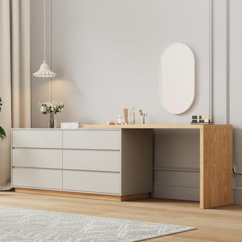 Beyaz MDF ve Çam Ağacı L Şeklinde 6 Çekmeceli Şifonyer - 251x75 cm - 299264