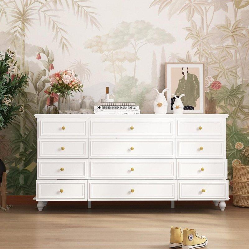 Beyaz MDF ve Çam Ahşap 912 Çekmeceli Üst Üniteli Gold Kulplu Şifonyer - 161 cm - 305796