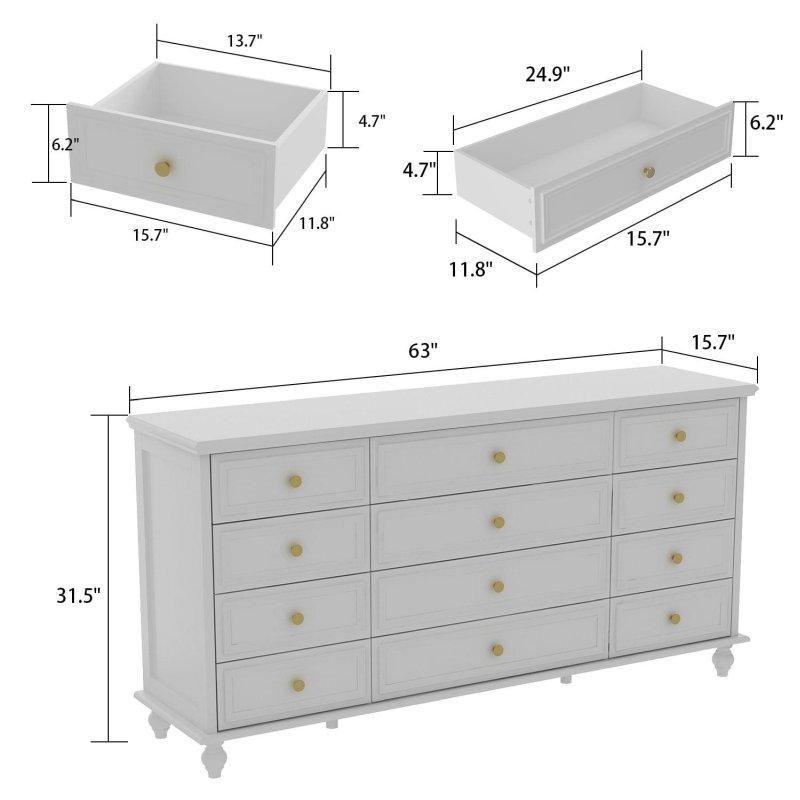 Beyaz MDF ve Çam Ahşap 912 Çekmeceli Üst Üniteli Gold Kulplu Şifonyer - 161 cm - 305796