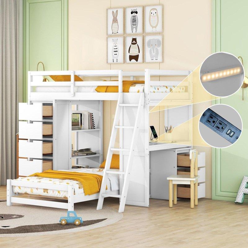 Beyaz MDF ve Çam Ahşap LED Işıklı USB Portlu Çalışma Masalı Ranza - 202x192x166 cm - 249122