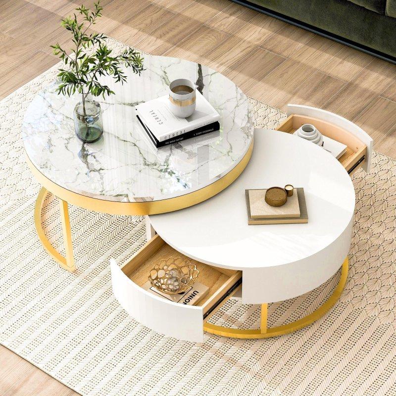 Beyaz MDF ve Gold Metal Çekmeceli Zigon Yuvarlak Orta Sehpa Seti - 242133