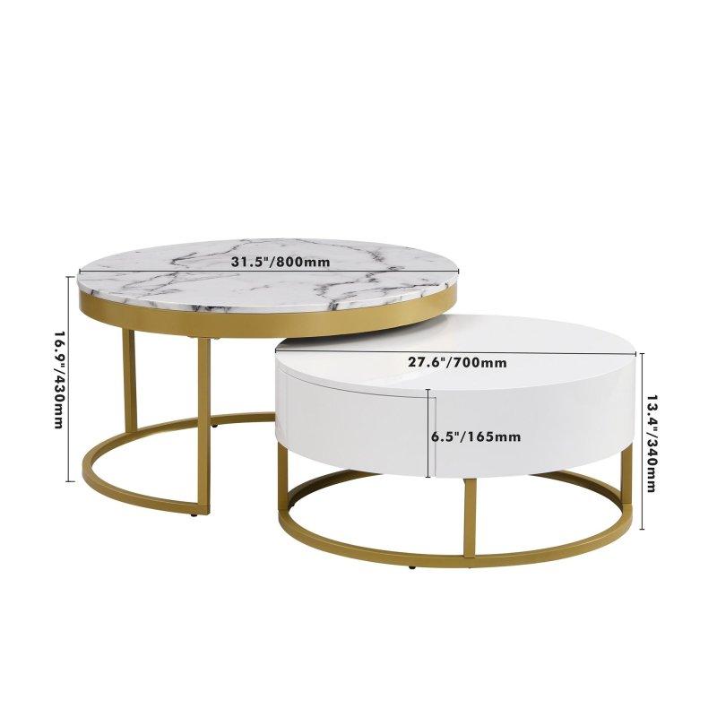 Beyaz MDF ve Gold Metal Çekmeceli Zigon Yuvarlak Orta Sehpa Seti - 242133