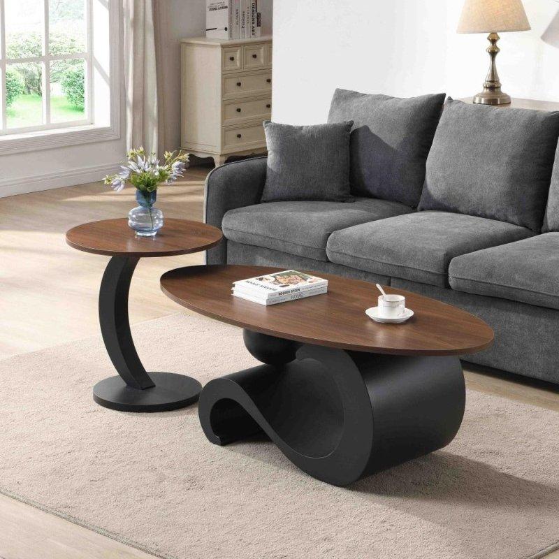 Beyaz MDF ve Gold Metal İkili Oval ve Yuvarlak Orta Sehpa Seti - 242677