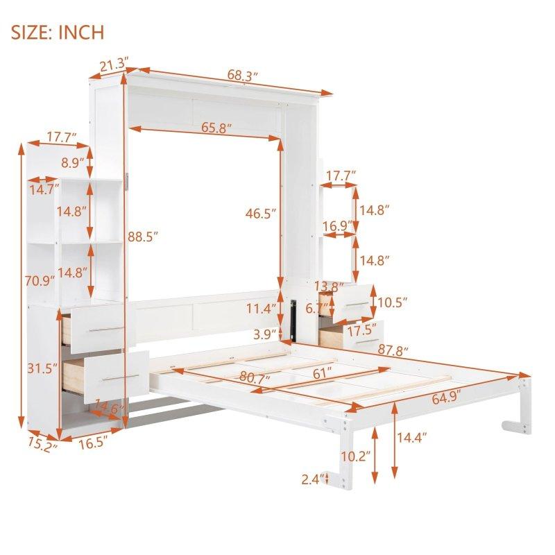 Beyaz MDF ve Kontrplak LED Aydınlatmalı Raflı Çekmeceli Duvar Yatağı - 261425