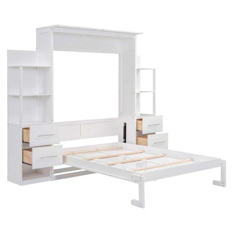 Beyaz MDF ve Kontrplak LED Işıklı Raflı Çekmeceli Duvar Yatağı - 201x213 cm - 262296
