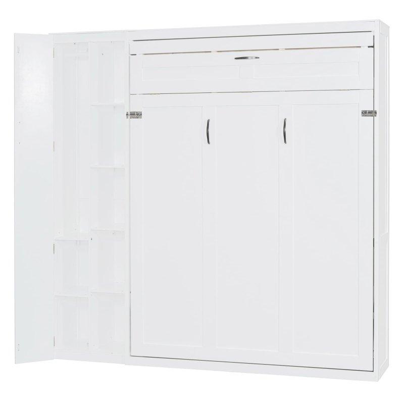 Beyaz MDF ve Kontrplak Raflı Dolaplı LED Aydınlatmalı Queen Size Duvar Yatağı - 225x225 cm - 262445