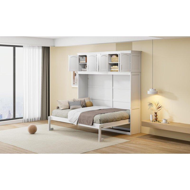 Beyaz MDF ve Kontrplak Üst Dolaplı Çift Kişilik Duvar Yatağı - 262207