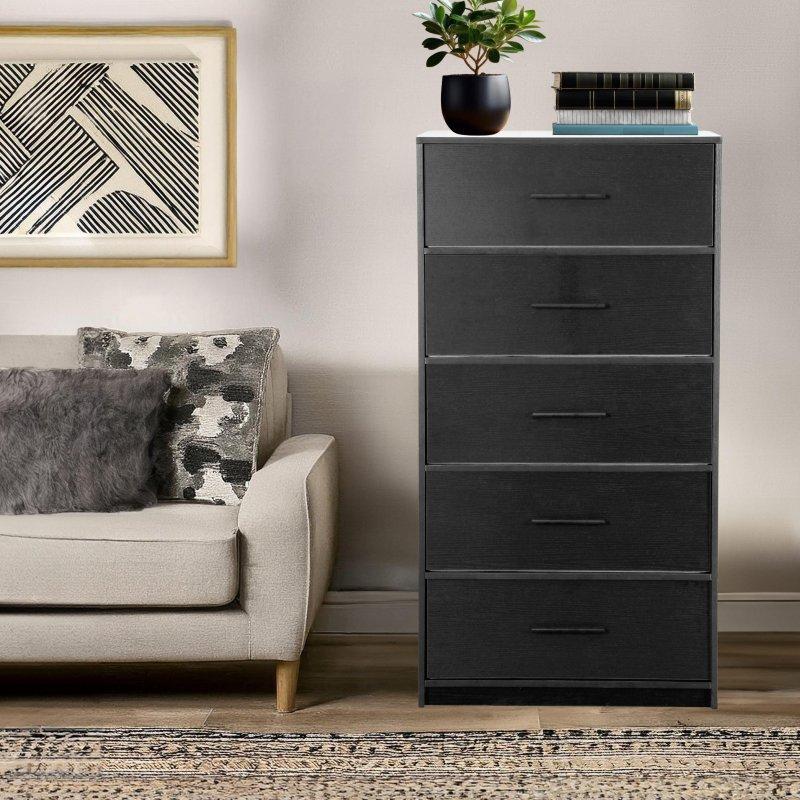 Beyaz MDF ve Kumaş 5 Çekmeceli Dikey Şifonyer - 58x41x110 cm - 295106