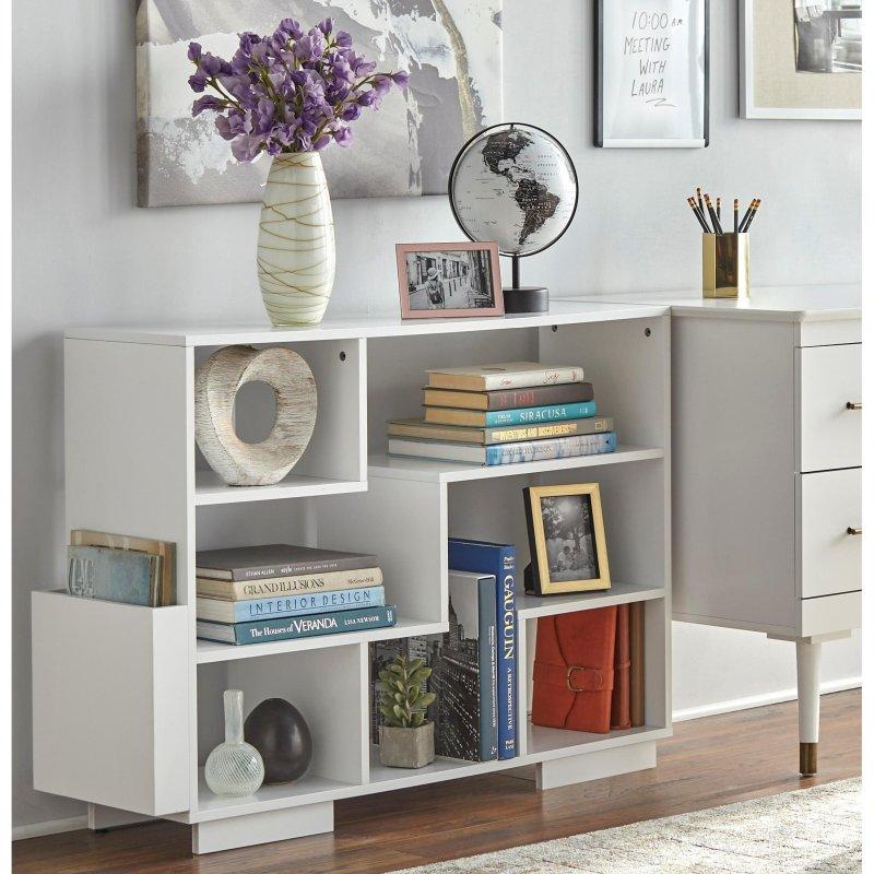 Beyaz MDF ve Masif Ahşap Ayaklı Dergilikli 7 Bölmeli Kitaplık - 107x30x77 cm - 315002 Beyaz MDF ve Masif Ahşap Ayaklı Dergilikli 7 Bölmeli Kitaplık - 107x30x77 cm - 315002