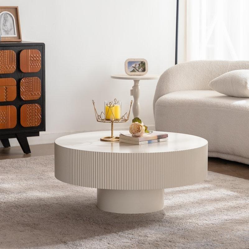 Beyaz MDF ve Masif Ahşap El Oyması Rölyefli Kaide Ayaklı Yuvarlak Orta Sehpa - 81 cm - 245764