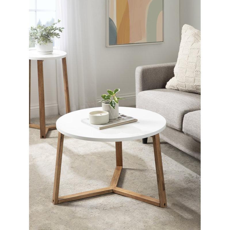 Beyaz MDF ve Masif Ahşap İskandinav Tasarım Yuvarlak Orta Sehpa - Çap 67 cm - 243962