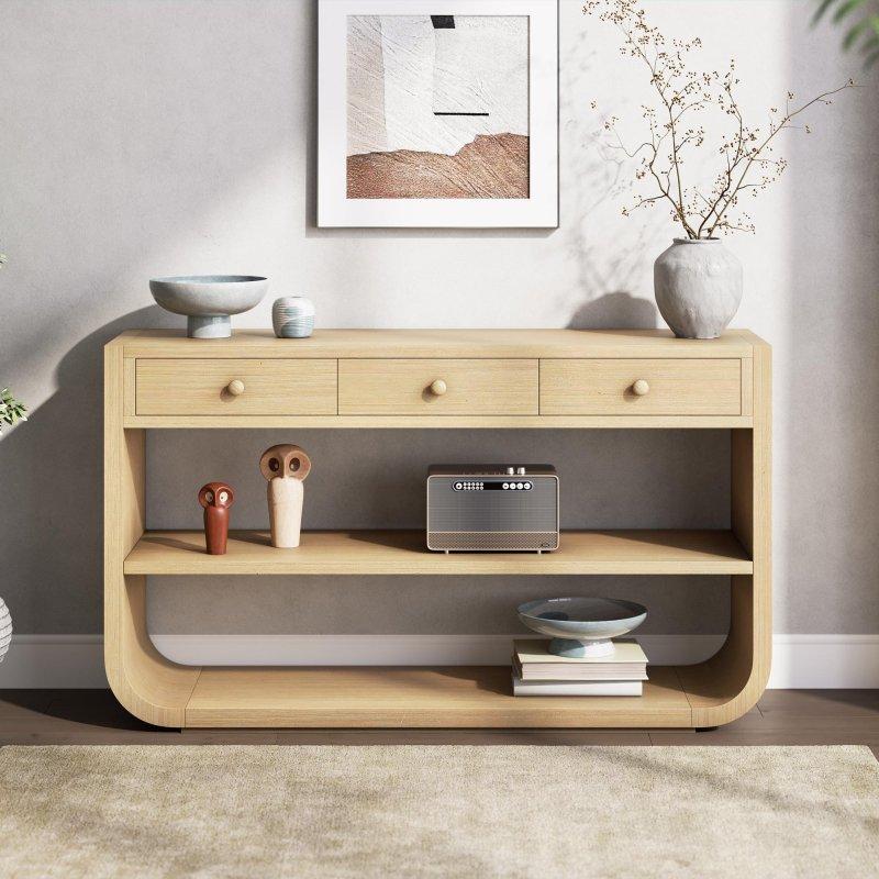Beyaz MDF ve Masif Çam Ahşap Kavisli Yavaş Kapanır Çekmeceli Raflı Dresuar - 140 cm - 331900