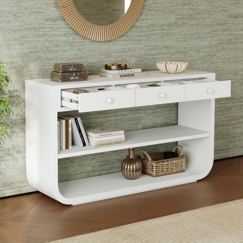 Beyaz MDF ve Masif Çam Ahşap Kavisli Yavaş Kapanır Çekmeceli Raflı Dresuar - 140 cm - 331900