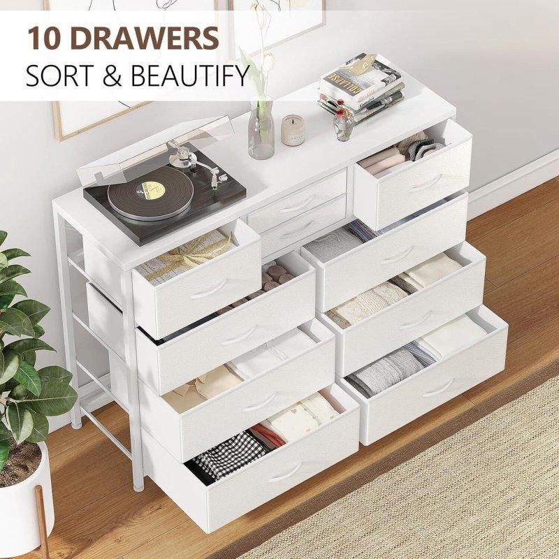 Beyaz MDF ve Metal 10 Kumaş Çekmeceli Şifonyer - 115x35x81 cm - 306381