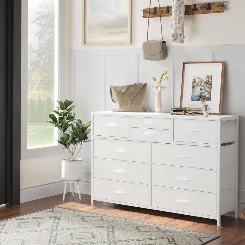 Beyaz MDF ve Metal 10 Kumaş Çekmeceli Şifonyer - 115x35x81 cm - 306381