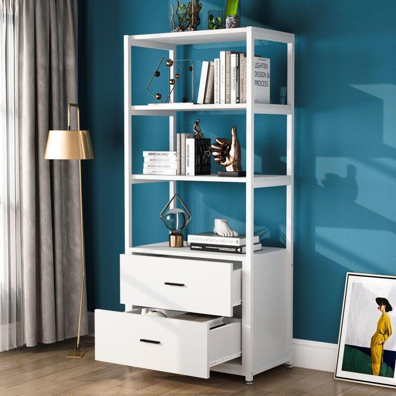 Beyaz MDF ve Metal 2 Çekmeceli 4 Raflı Kitaplık - 153x60x40 cm - 316237