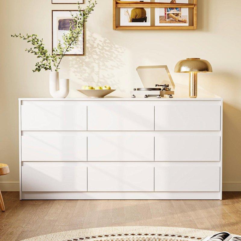 Beyaz MDF ve Metal 9 Çekmeceli Geniş Şifonyer - 161 cm - 297330