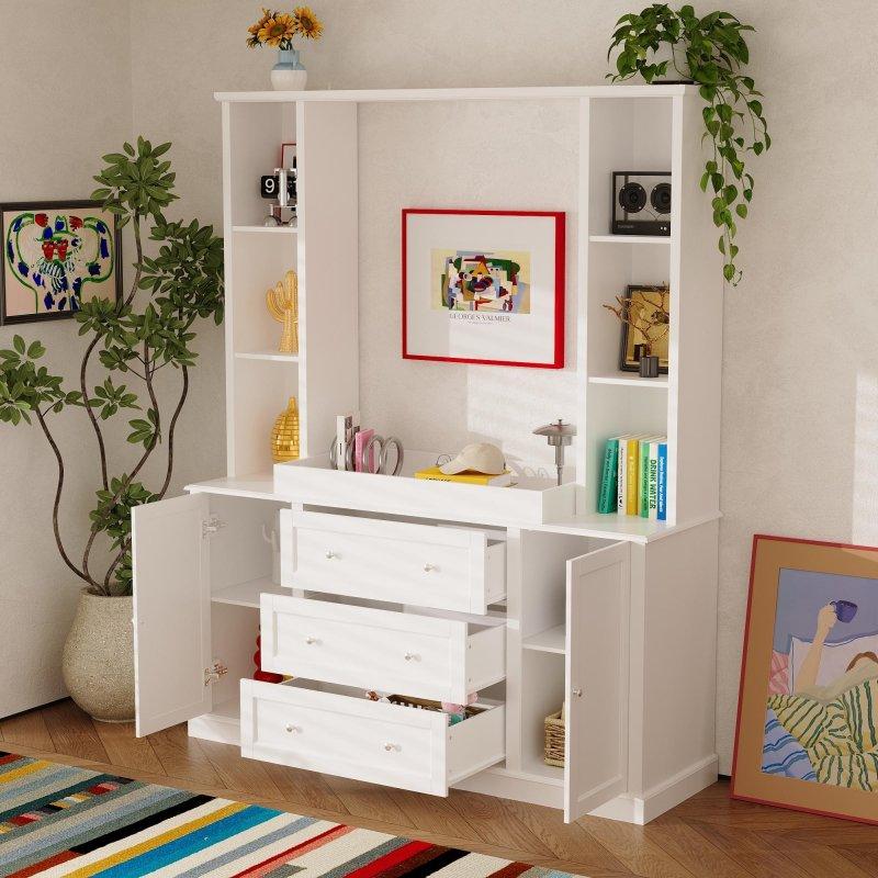 Beyaz MDF ve Metal Ayarlanabilir Raflı Çok Amaçlı Şifonyer - 161x200x49 cm - 300128