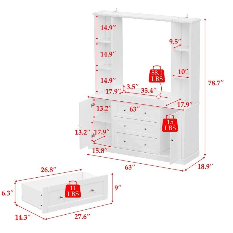 Beyaz MDF ve Metal Ayarlanabilir Raflı Çok Amaçlı Şifonyer - 161x200x49 cm - 300128