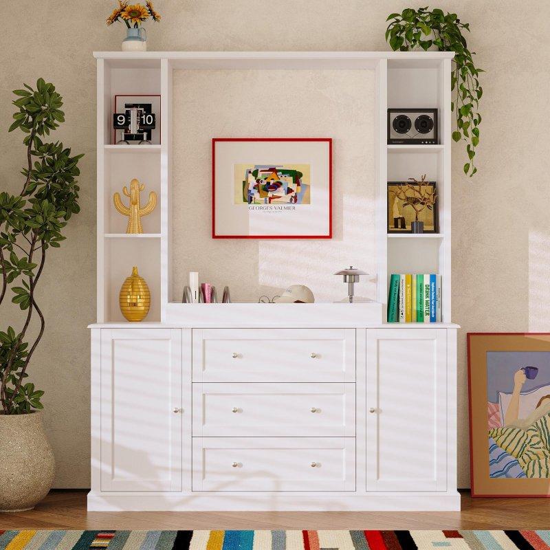 Beyaz MDF ve Metal Ayarlanabilir Raflı Çok Amaçlı Şifonyer - 161x200x49 cm - 300128