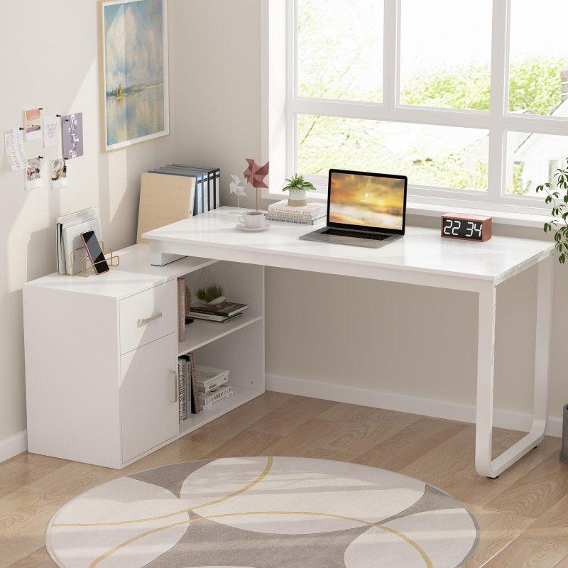 Beyaz MDF ve Metal Dönebilir Çekmeceli Raflı L Tipi Ofis Masası - 140x105 cm - 327728
