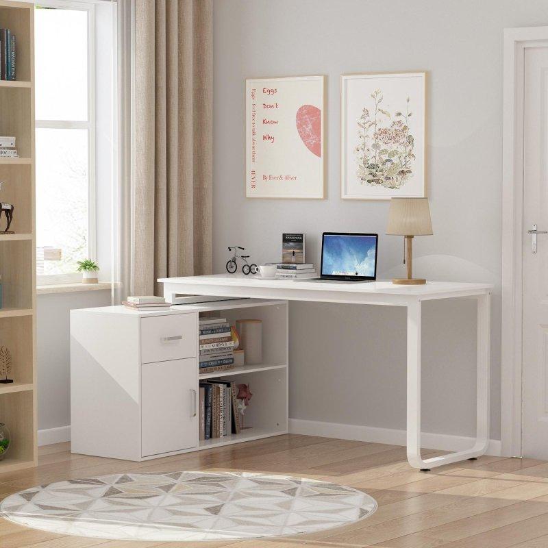 Beyaz MDF ve Metal Dönebilir Çekmeceli Raflı L Tipi Ofis Masası - 140x105 cm - 327728