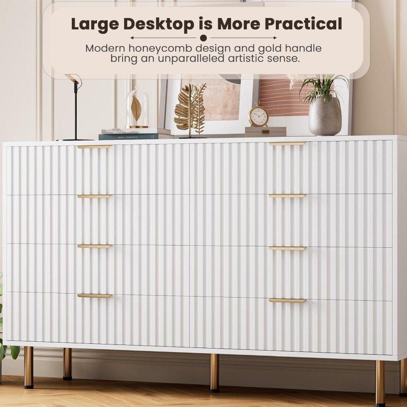Beyaz MDF Yivli 8 Çekmeceli Geniş Şifonyer - 140 cm - 306014