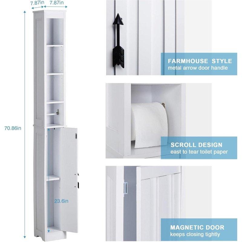 Beyaz MDF Yivli Kapaklı Ayarlanabilir Raflı Dar Çok Amaçlı Banyo Dolabı - 180 cm - 333437